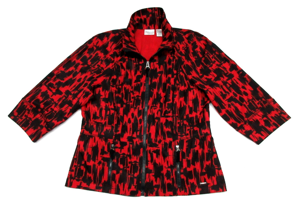 CHICOS 1 Zenergy Full-Zip Red-Black Pattern 3/4 Sleeve Windbreaker Jacket